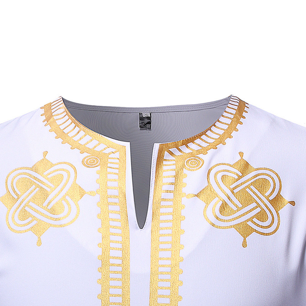 Dashiki African Fashion Style V-Neck Golden Print Casual Color Block Men's Shirt