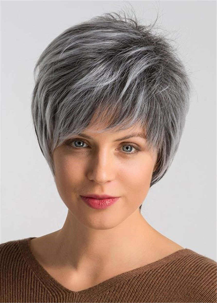 Grey Layered Short Hairstyle Human Straight Capless Women's 8 Inches 120% Wigs