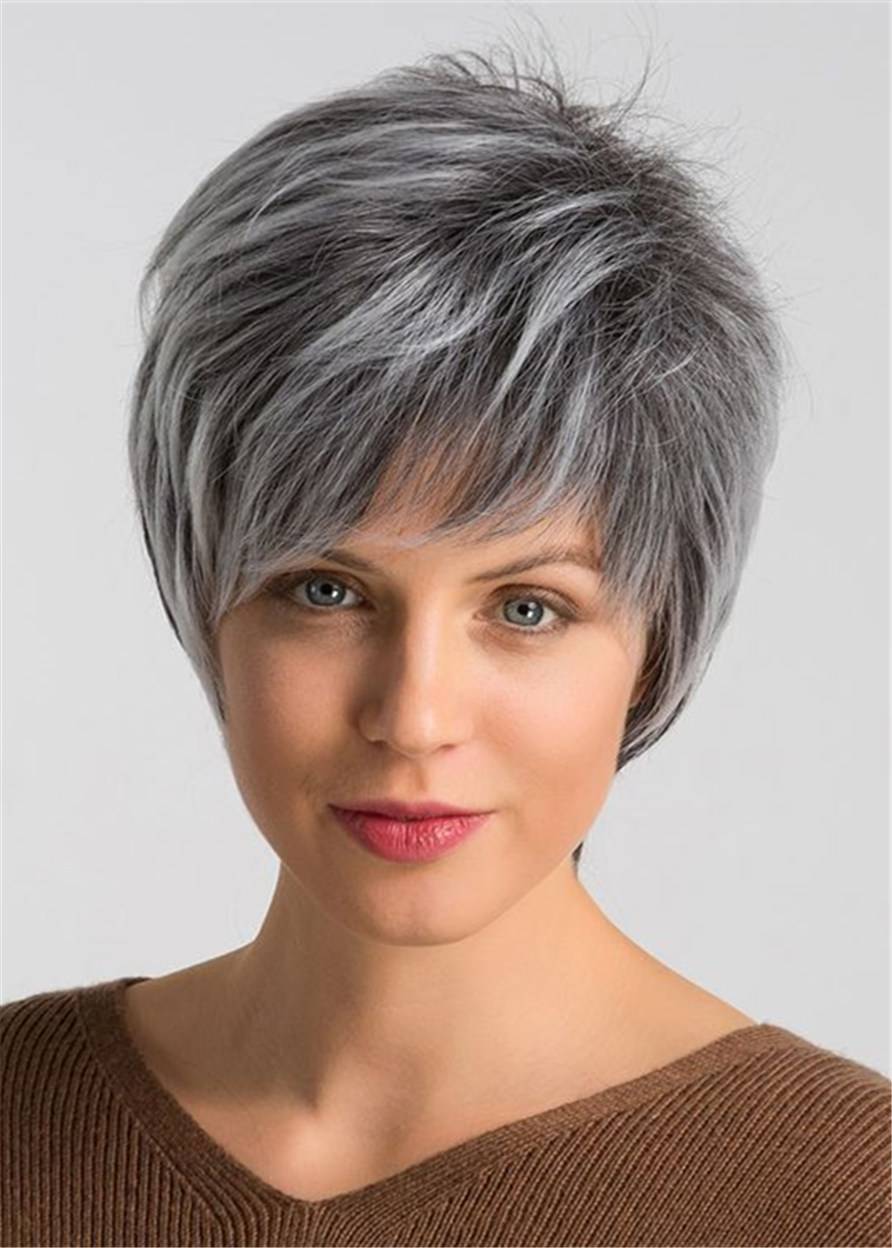 Grey Layered Short Hairstyle Human Straight Capless Women's 8 Inches 120% Wigs