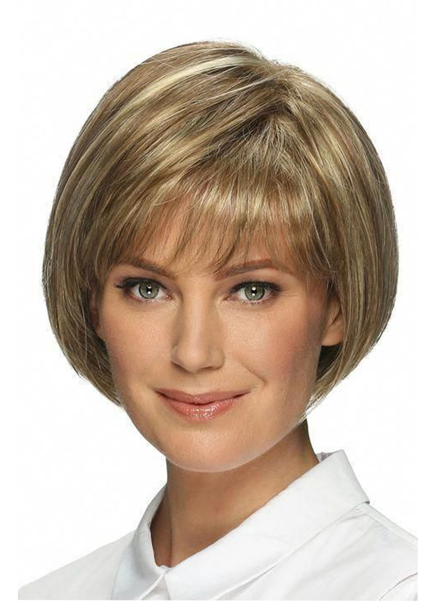 Short Bob Hairstyles Women's Straight Human Hair Wigs With Bangs Lace Front Cap Wigs 10Inch