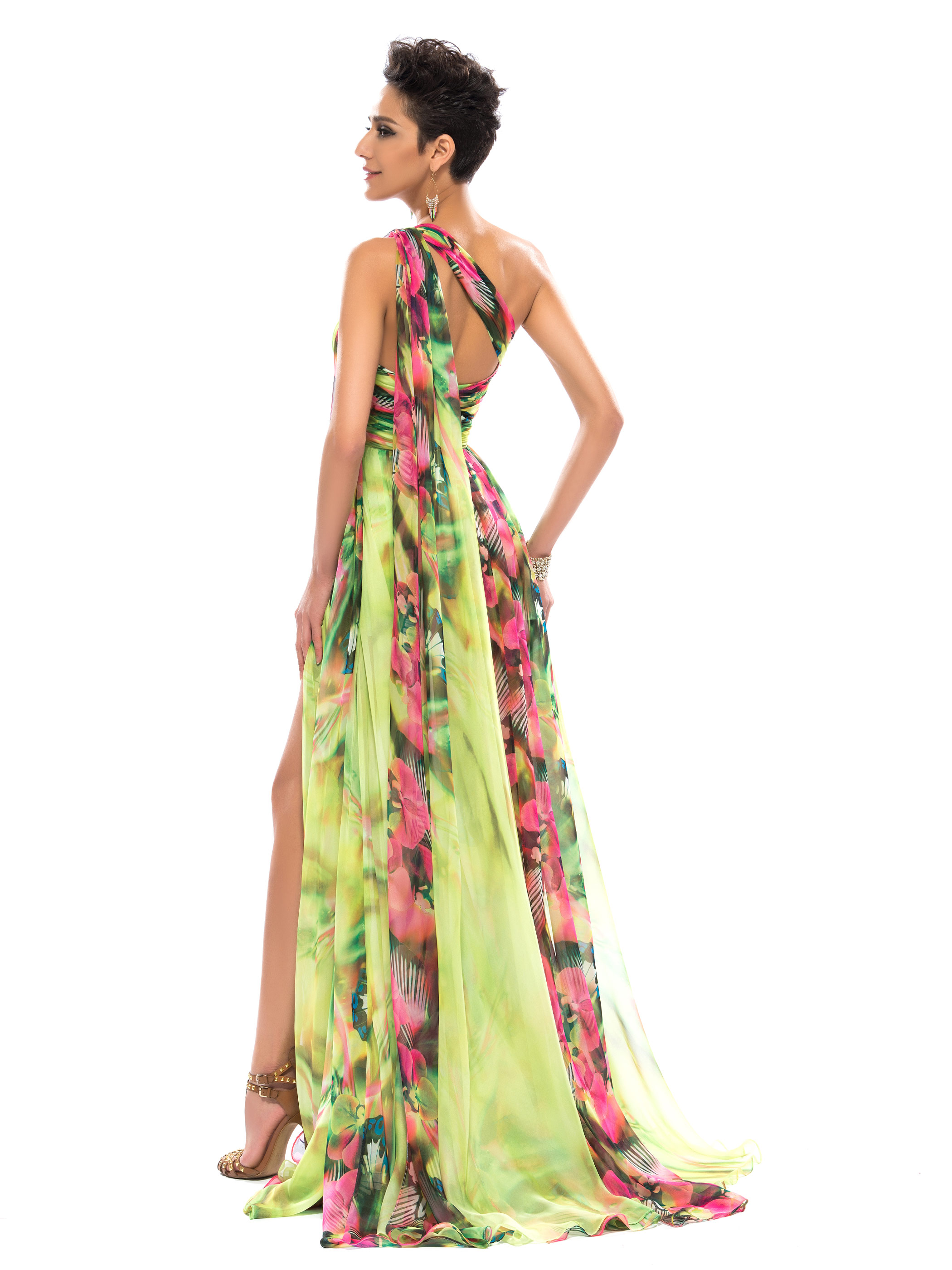 Floral Printed Split-Front One-Shoulder Prom Dress