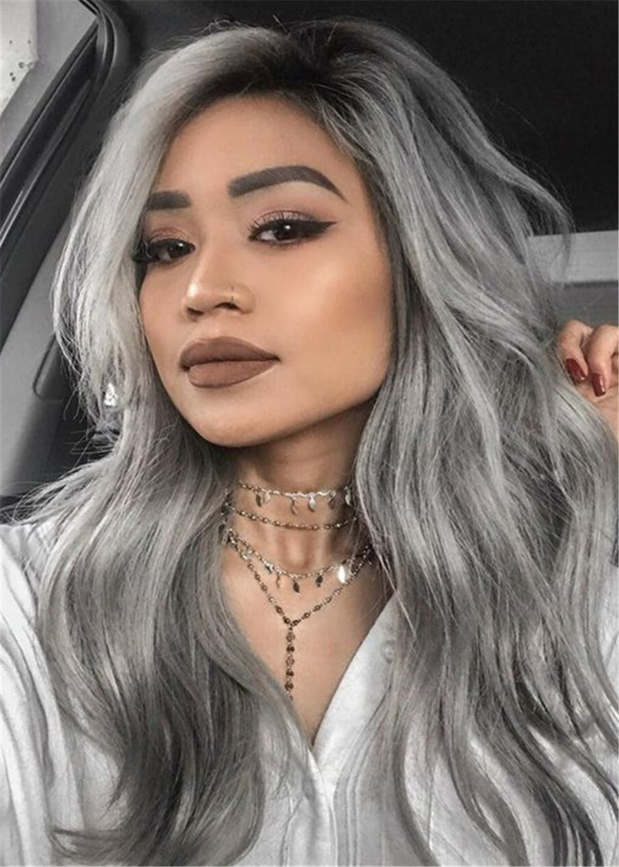 Long Wavy Gray Hairstyle Natural Wavy Human Hair Capless Women 24 Inches 120% Wigs