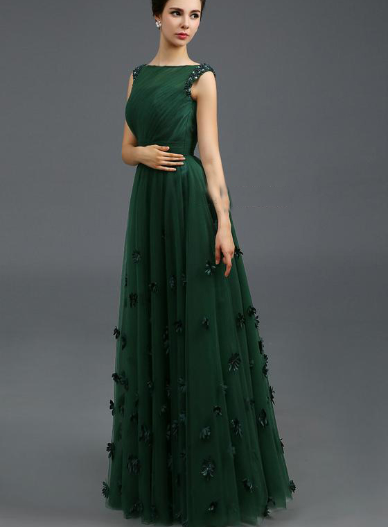 A-Line Beading 3D Floral Dark Pleats Sequins Tulle Evening Dress
