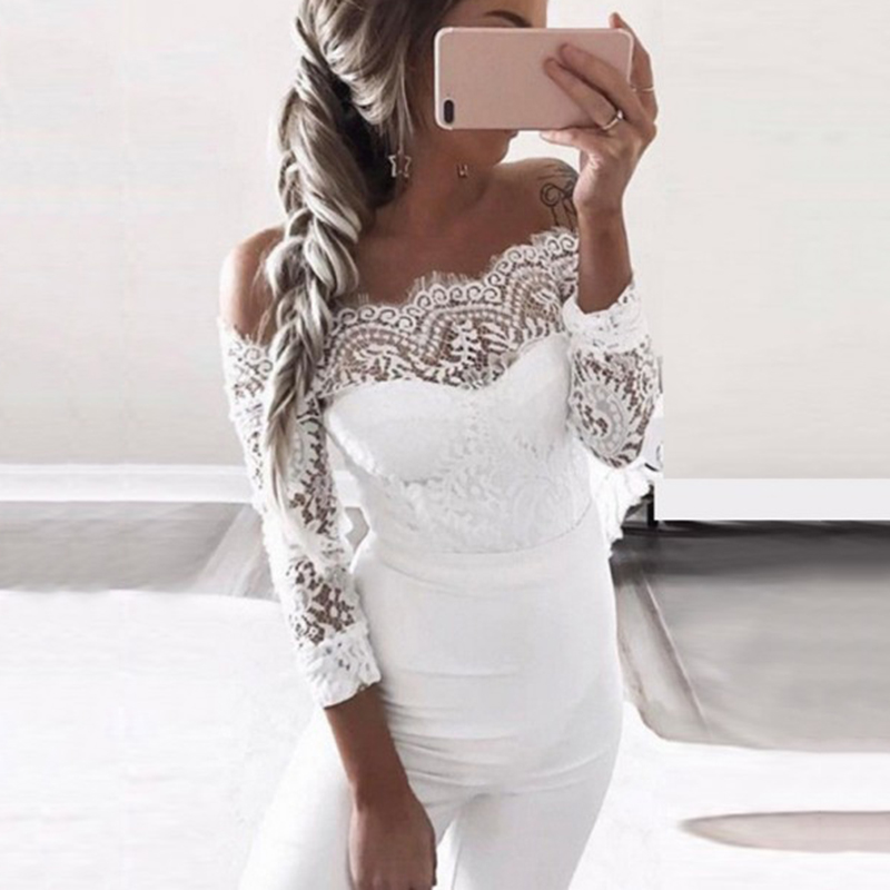 Off the Shoulder Lace Long Sleeve Bridesmaid Jumpsuits