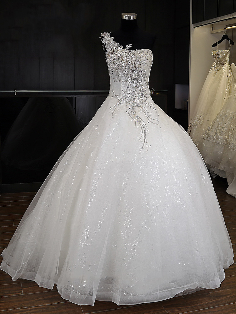One Shoulder Beading Sequins Ball Gown Wedding Dress