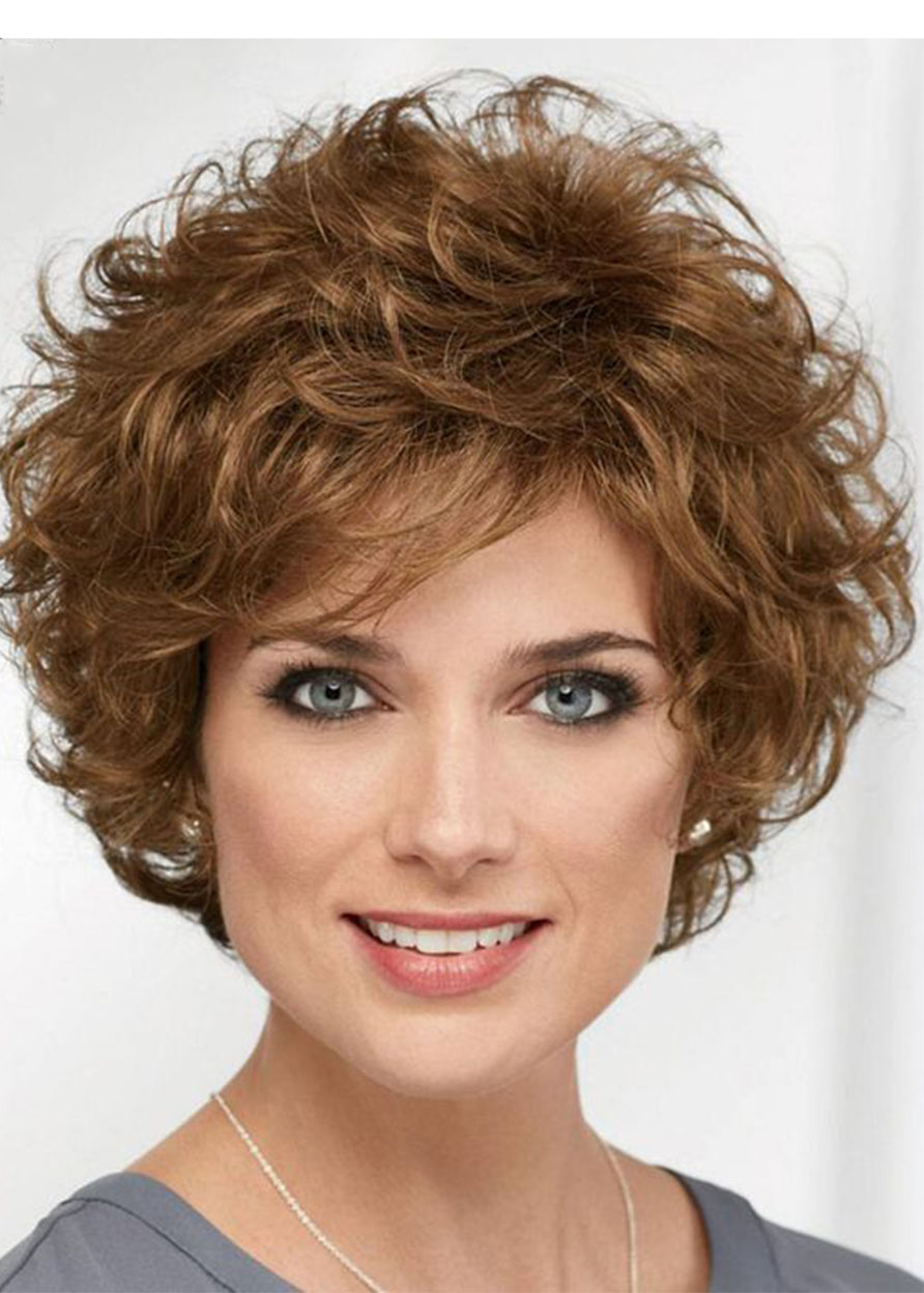 Short Layered Hairstyle Women's Natural Looking Brown Curly Synthetic Hair Capless Wigs 14Inch