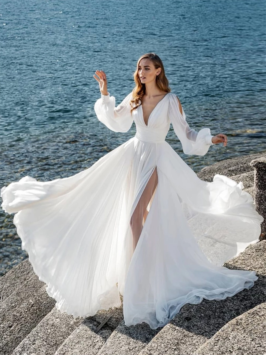 Split-Front Button Long Sleeves Beach Wedding Dress 2020