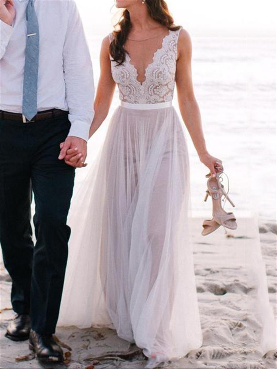 Sheer Scoop Neck Lace Boho Beach Wedding Dress