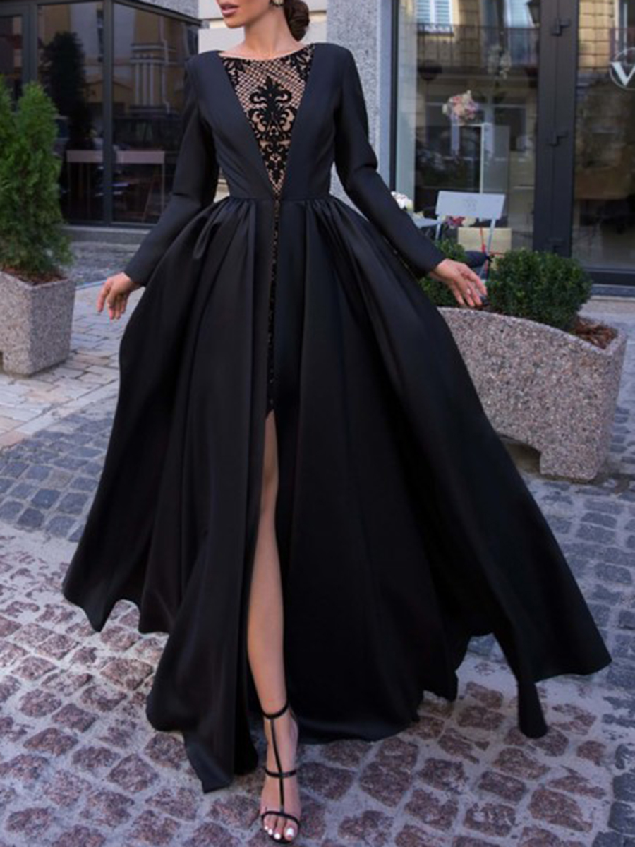 Long Sleeves Lace Halloween Evening Dress Black Wedding Dress