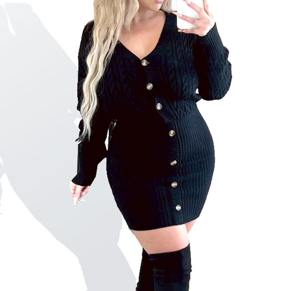 Button Above Knee Long Sleeve Single-Breasted Women's Dress