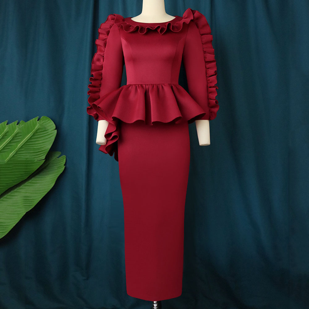 Three-Quarter Sleeve Mid-Calf Round Neck Stringy Selvedge Plain Women's Dress