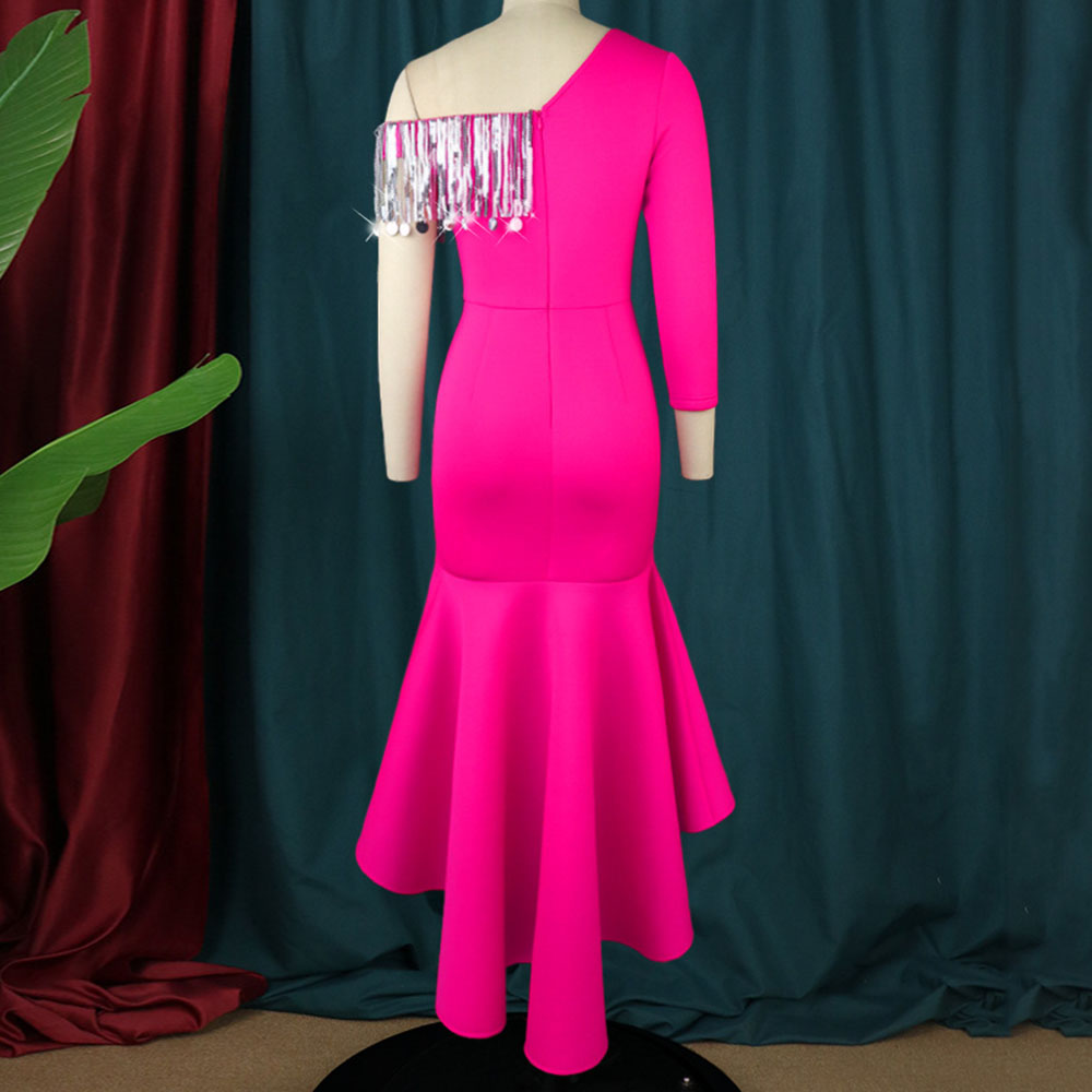 Tassel Floor-Length Oblique Collar Three-Quarter Sleeve Western Women's Dress