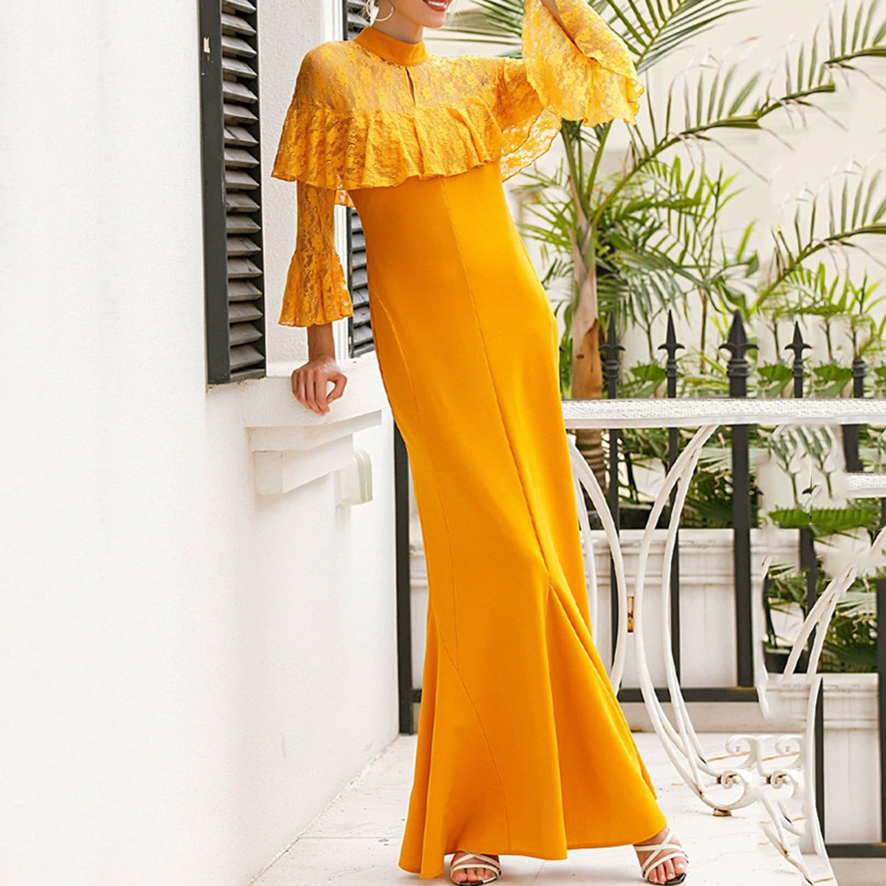 Nine Points Sleeve Lace Stand Collar Floor-Length Pleated Women's Dress