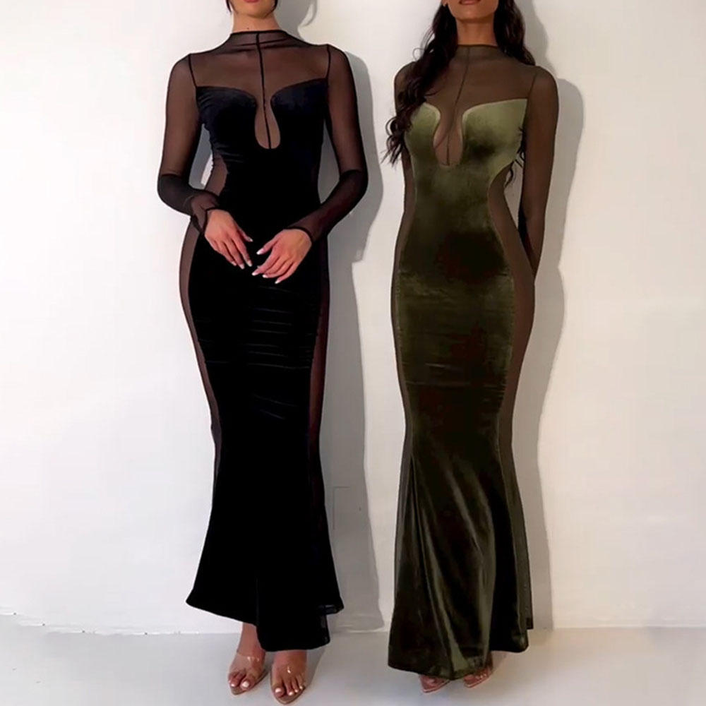 Ankle-Length Long Sleeve Mesh Stand Collar Mermaid Women's Dress