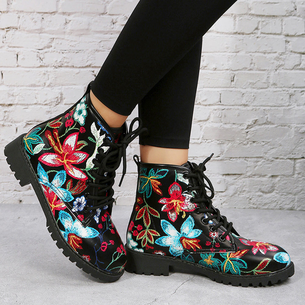 Lace-Up Front Round Toe Floral Block Heel Thread Boots