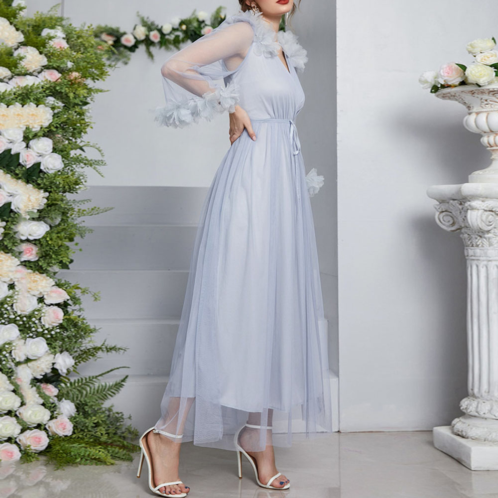 V-Neck See-Through Ankle-Length Long Sleeve High Waist Women's Dress