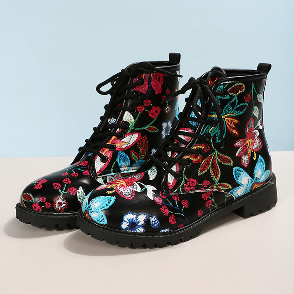 Lace-Up Front Round Toe Floral Block Heel Thread Boots