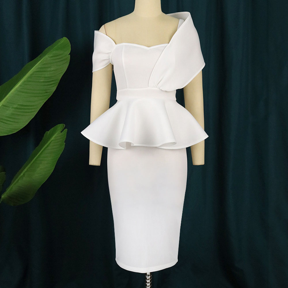 Short Sleeve Falbala Micro-Elastic	Knee-Length High Waist Women's Dress
