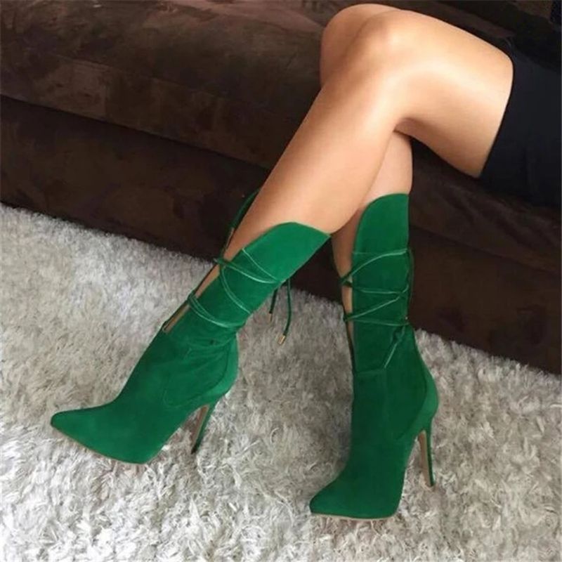 Pointed Toe Stiletto Heel Plain Lace-Up Front Mid Calf Boots