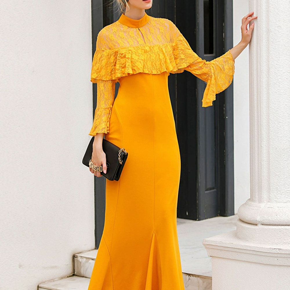 Nine Points Sleeve Lace Stand Collar Floor-Length Pleated Women's Dress