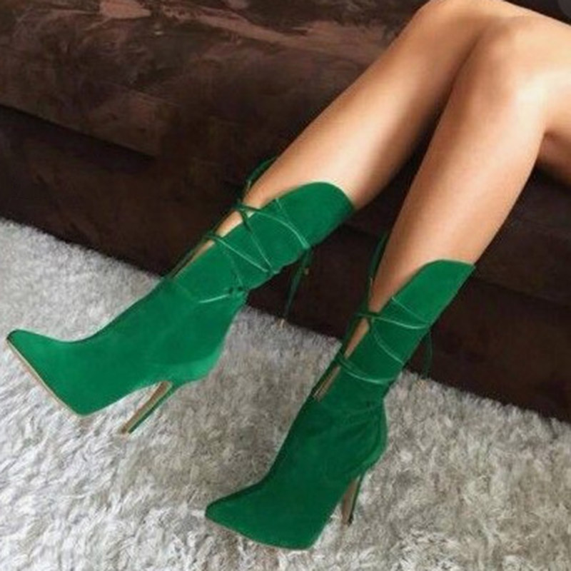 Pointed Toe Stiletto Heel Plain Lace-Up Front Mid Calf Boots