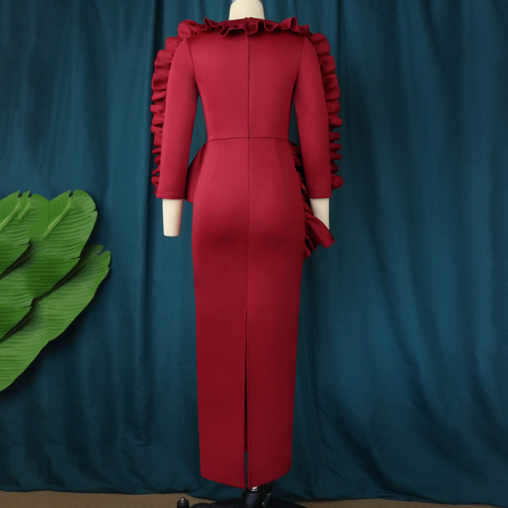 Three-Quarter Sleeve Mid-Calf Round Neck Stringy Selvedge Plain Women's Dress