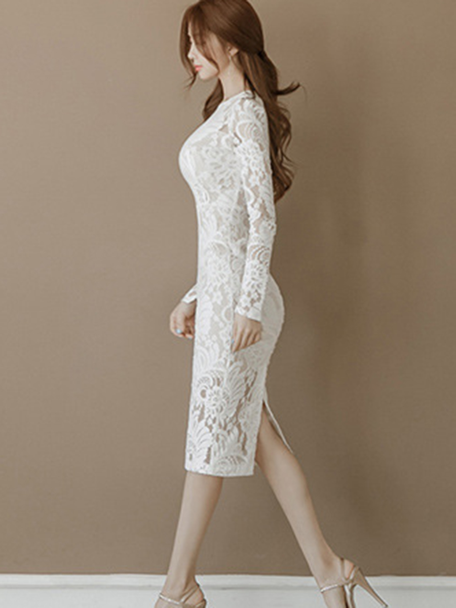 Off White Long Sleeve Sheath Women's Lace Dress