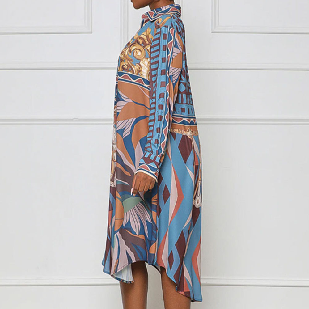 Knee-Length Print Long Sleeve Lapel Single-Breasted Women's Dress