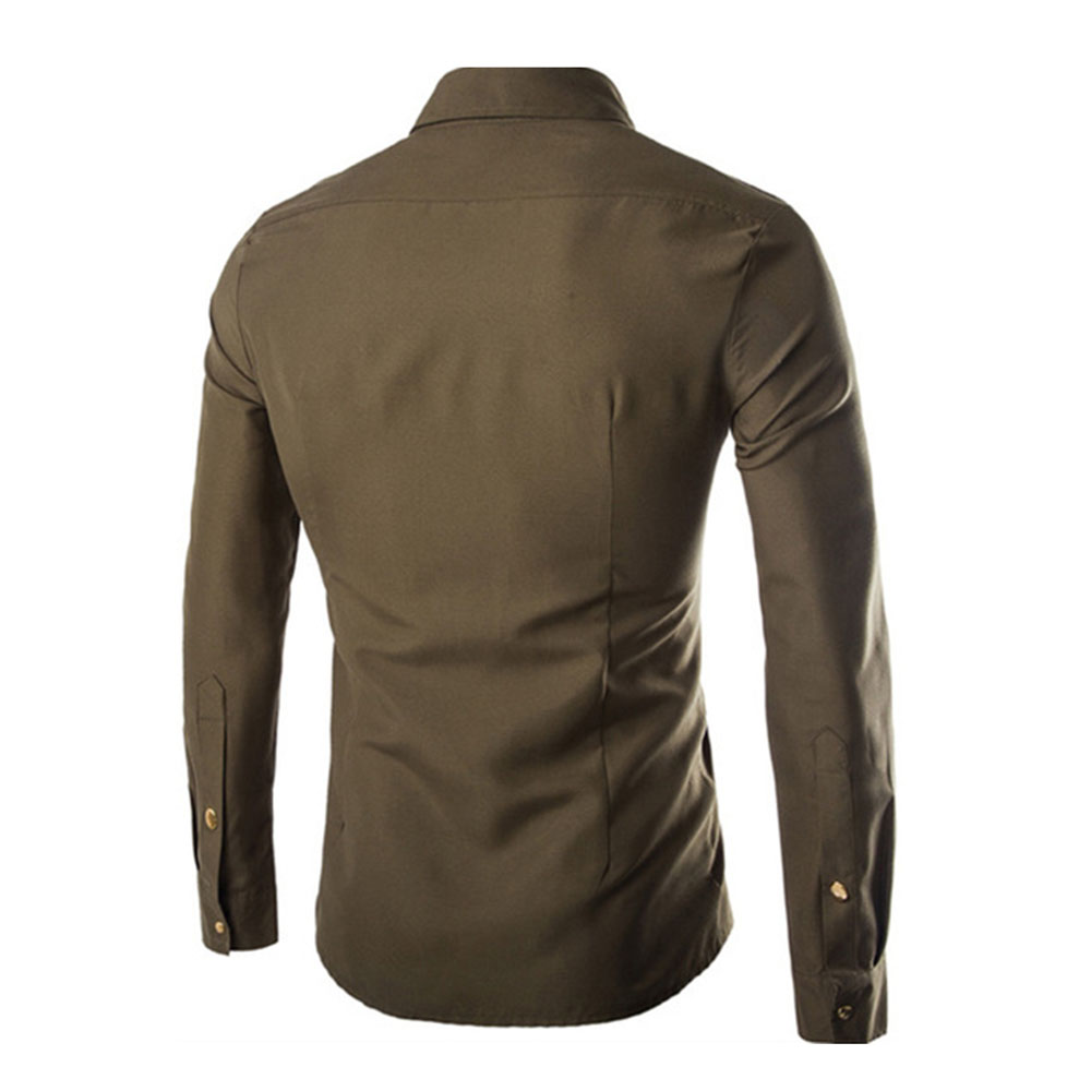 Single-Breasted Solid Color Button Down Decorated Men's Long Sleeve Shirt