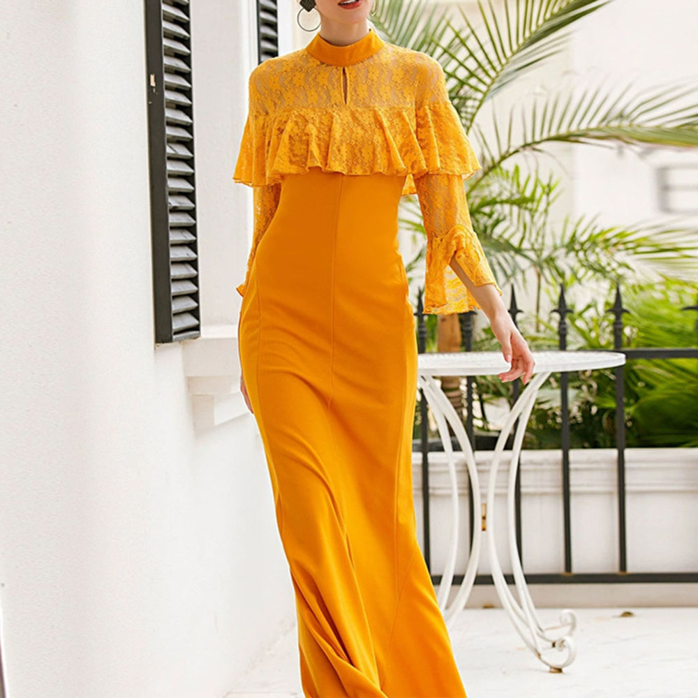 Nine Points Sleeve Lace Stand Collar Floor-Length Pleated Women's Dress