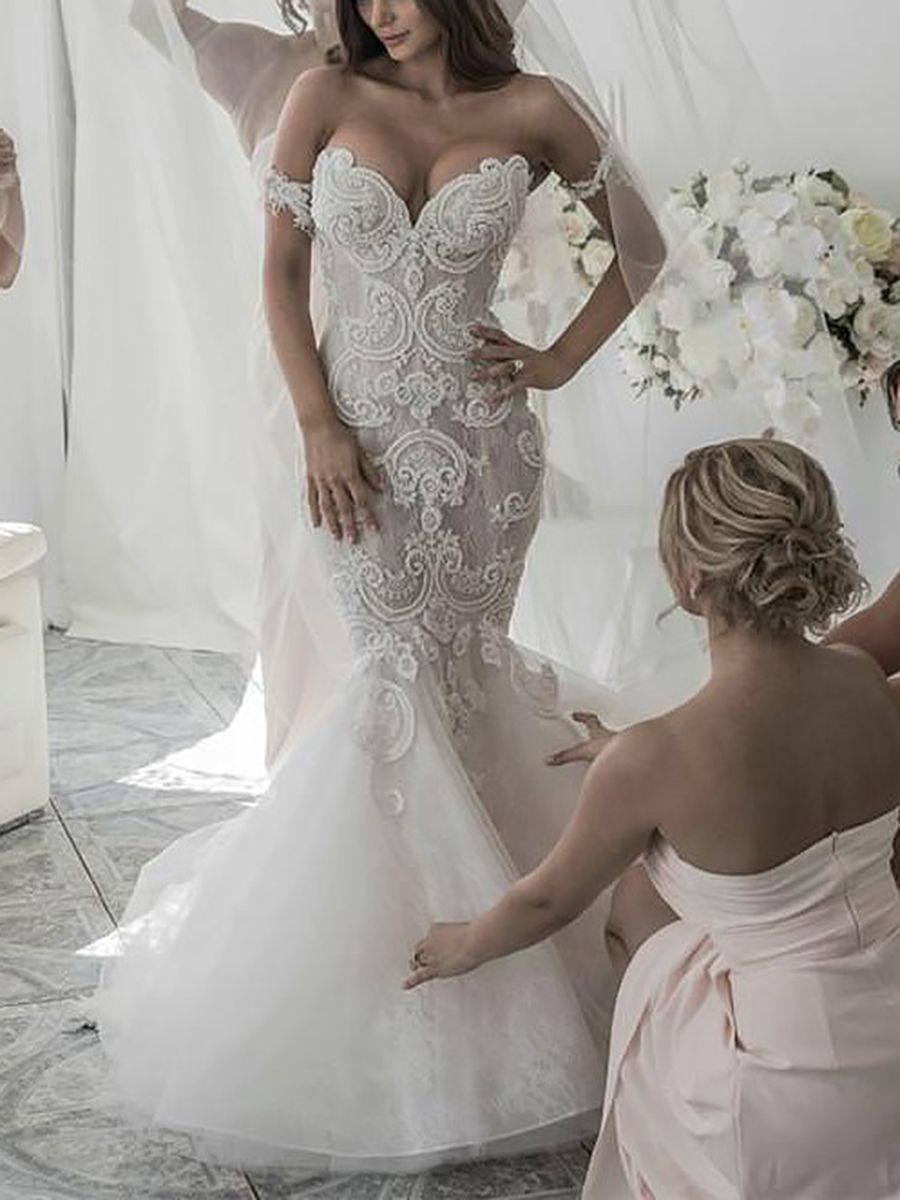 Appliques Off-The-Shoulder Backless Tulle Mermaid Wedding Dress 2021