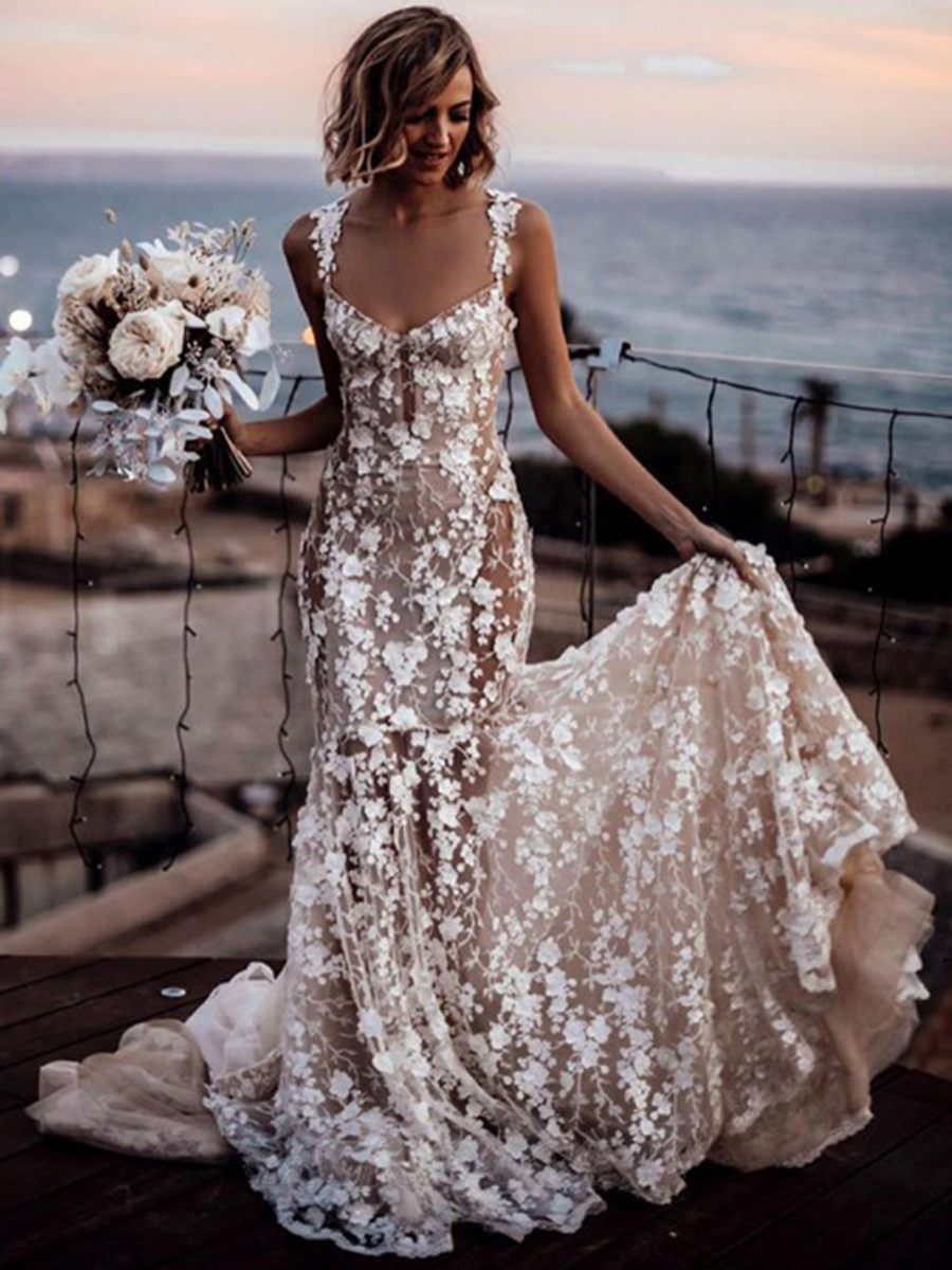 Trumpet Mermaid Sweep Brush Straps Floor-Length Boho Beach Wedding Dress