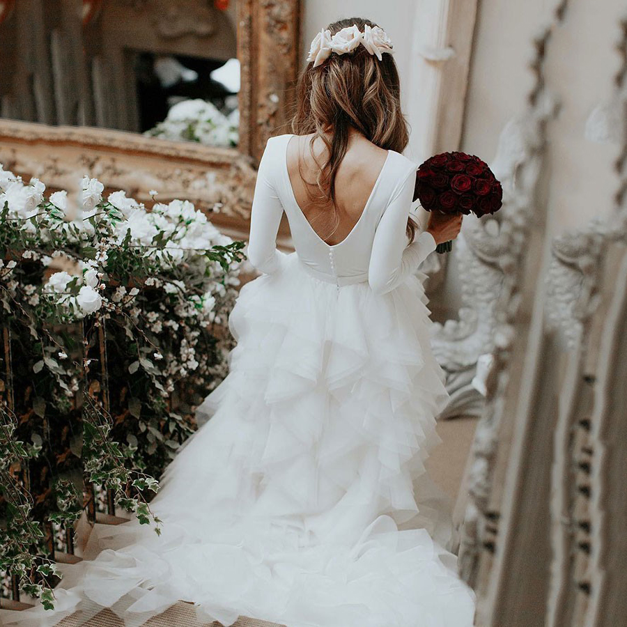 Cascading Ruffles Button Long Sleeve Wedding Dress 2021-www.tbdress.com