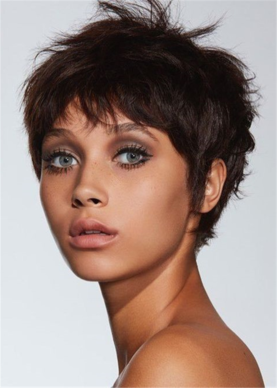 Pixie Cuts Hairstyles Wavy Human Hair Lace Front Cap Women 120% 10 Inches Wigs