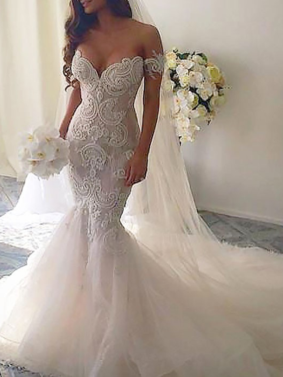 Appliques Off-The-Shoulder Backless Tulle Mermaid Wedding Dress 2021