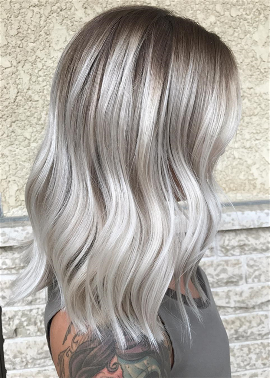 Silver-White Over Taupe Roots Wavy Synthetic Straight Hair Women Capless 18 Inches Wigs