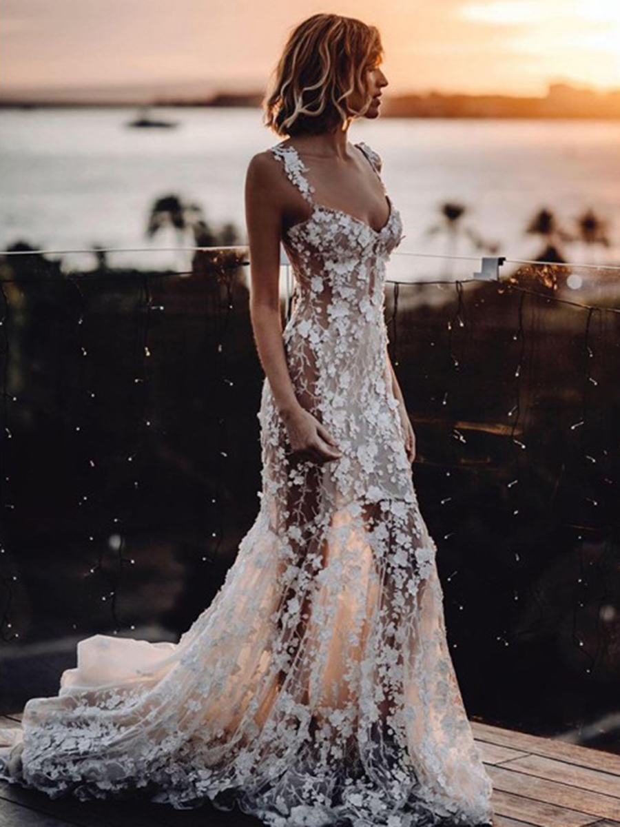 Trumpet Mermaid Sweep Brush Straps Floor-Length Boho Beach Wedding Dress