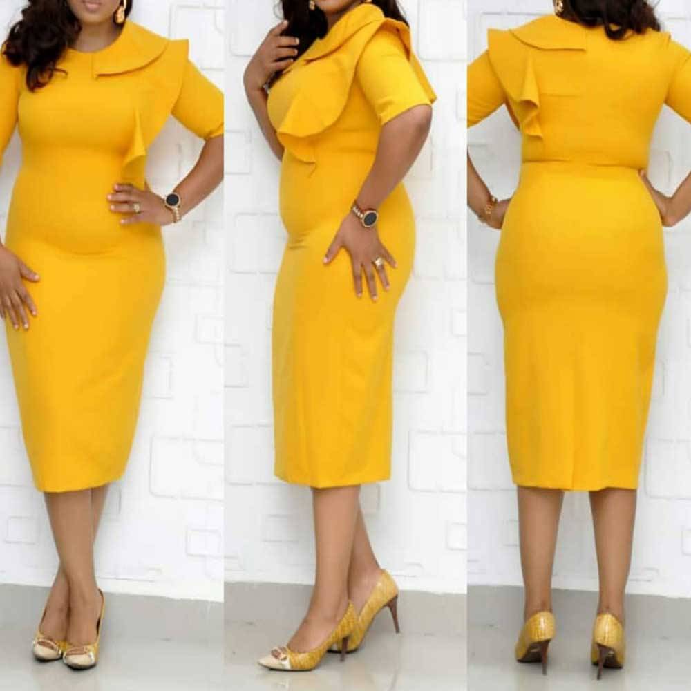 Plus Size Half Sleeve Round Neck Mid-Calf Stringy Selvedge Women's Dress