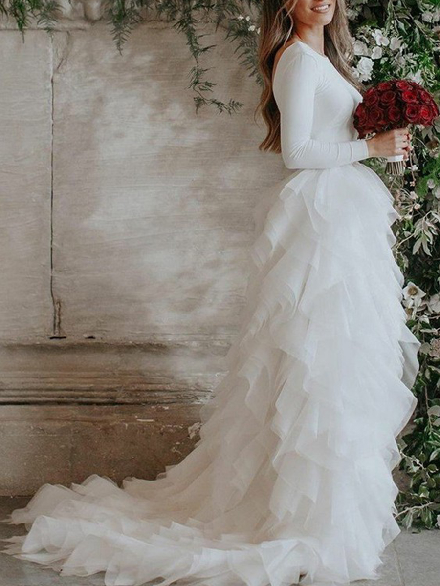 Cascading Ruffles Button Long Sleeve Wedding Dress 2021