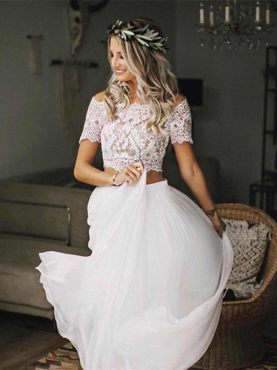 Two Pieces Short Sleeves Lace Beach Wedding Dress