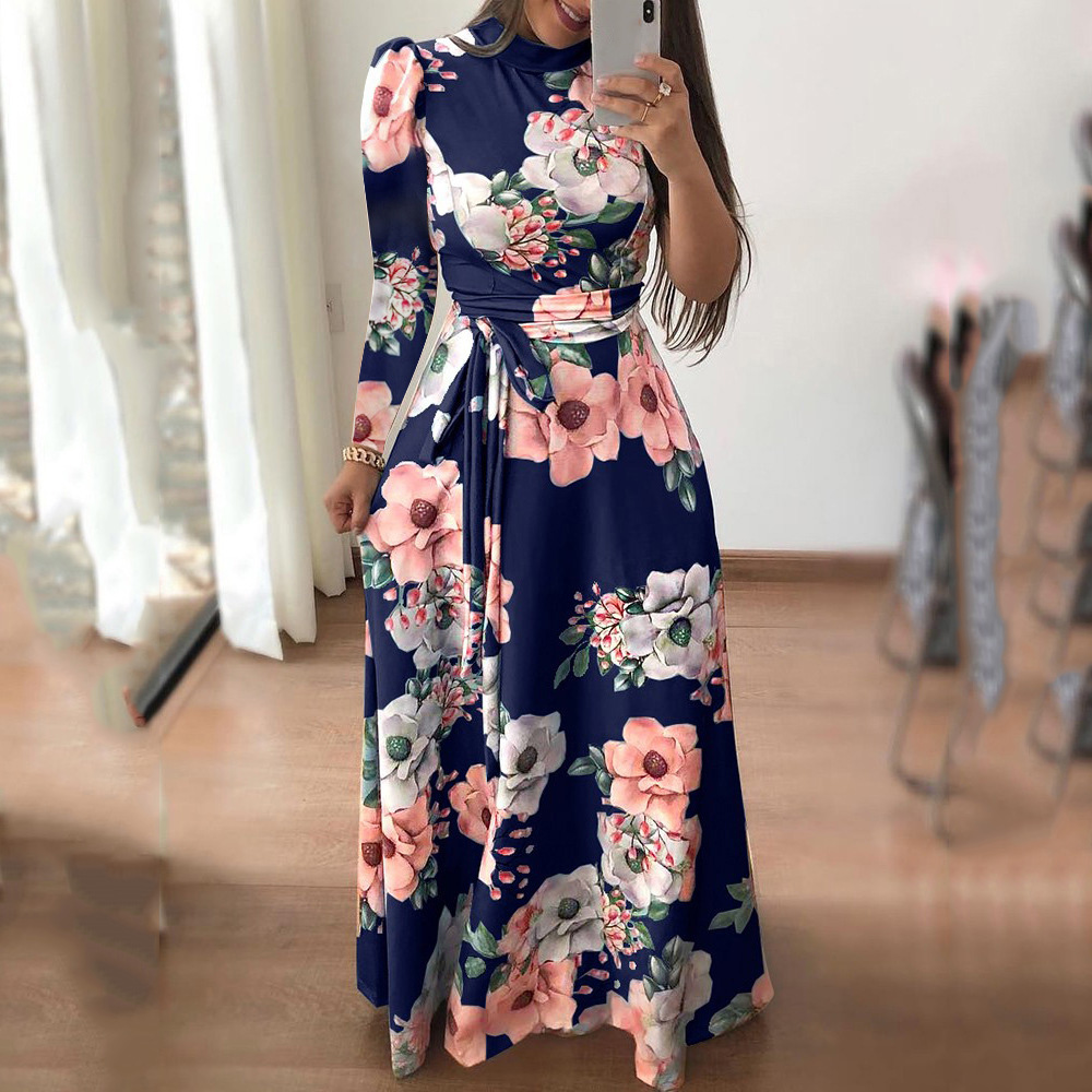 V-Neck Floor-Length Print Long Sleeve Pullover Women's Dress