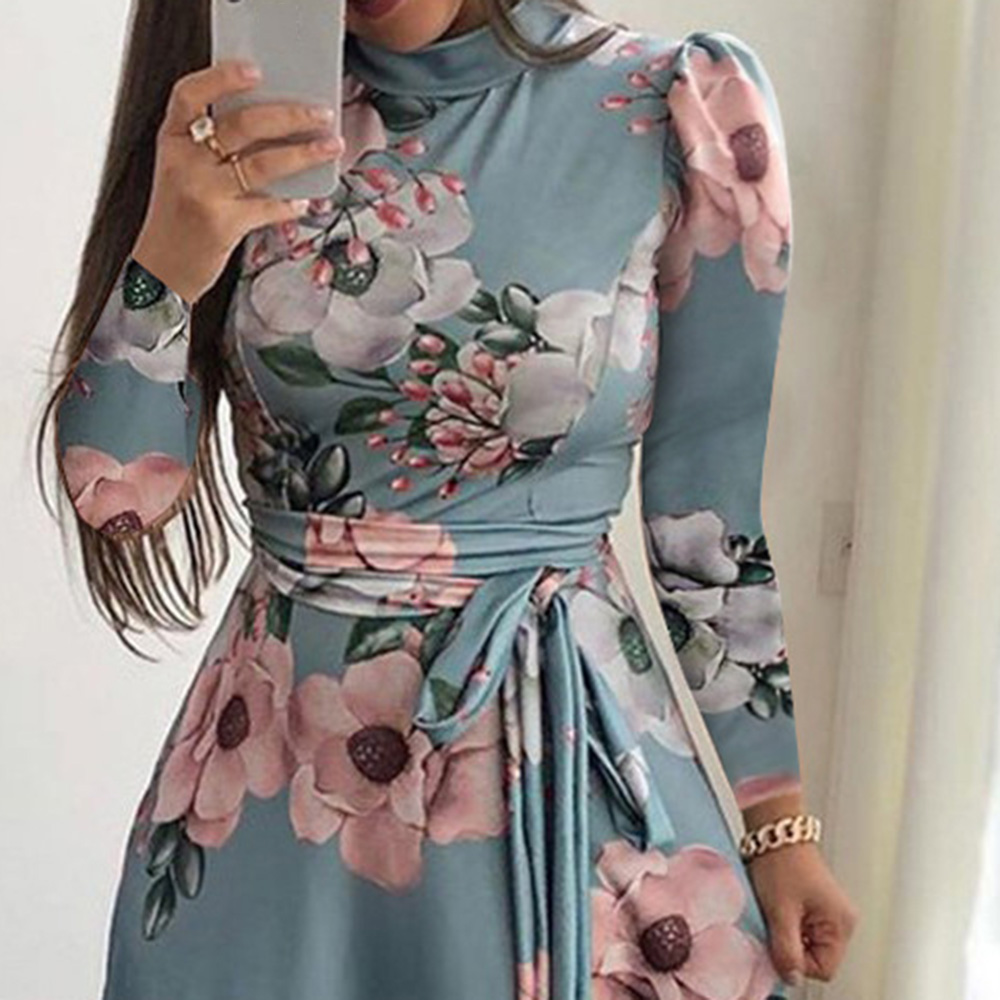 V-Neck Floor-Length Print Long Sleeve Pullover Women's Dress