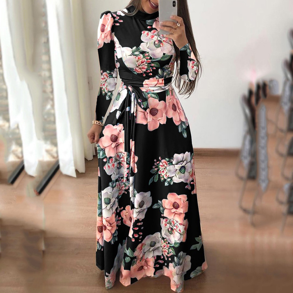 V-Neck Floor-Length Print Long Sleeve Pullover Women's Dress