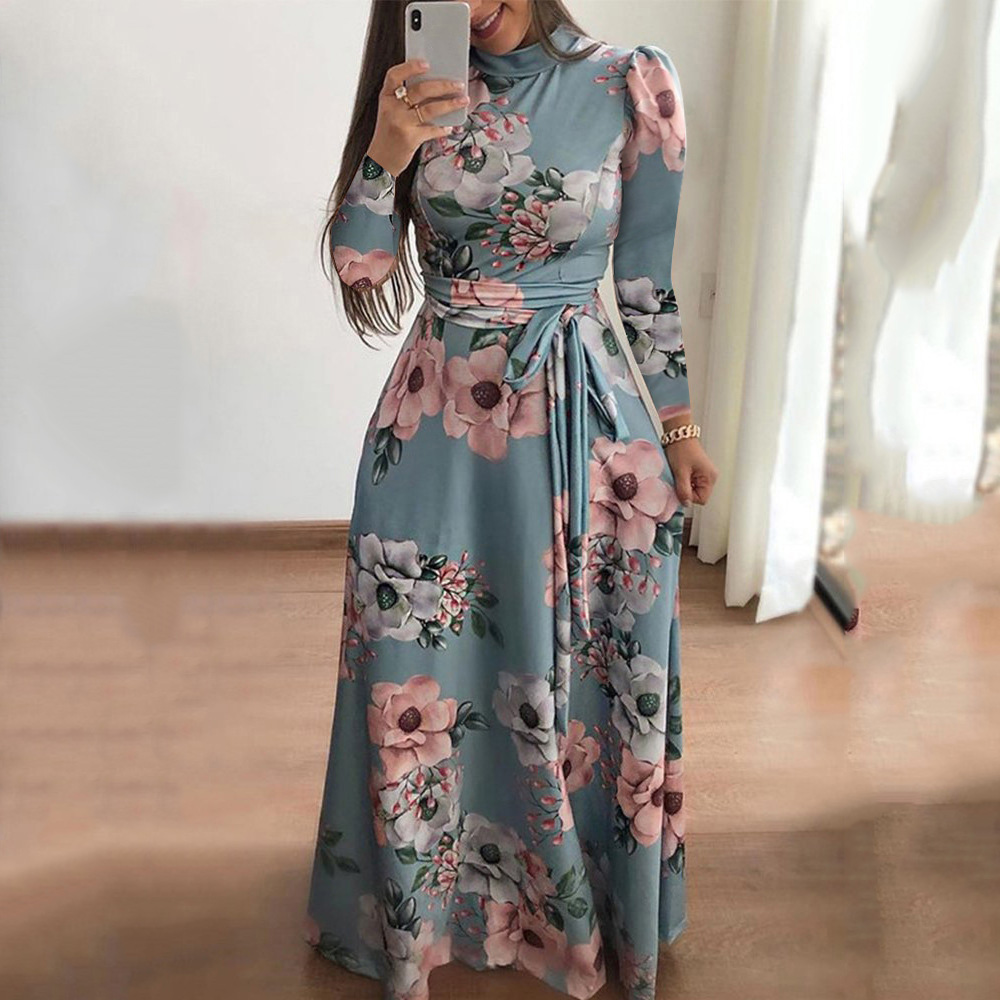 V-Neck Floor-Length Print Long Sleeve Pullover Women's Dress