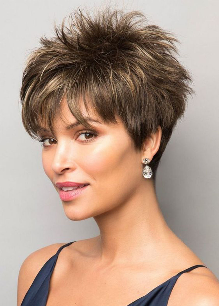 Women's Short Length Pixie Cut Natural Straight Synthetic Hair With Bangs Capless Wigs 10Inches