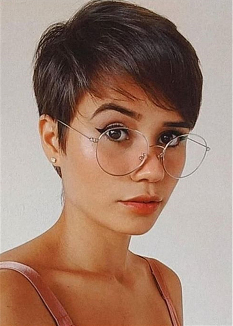 Chic Pixie Cuts Hairstyle Natural Straight Human Hair With Bangs Capless 120% 10 Inches Wigs