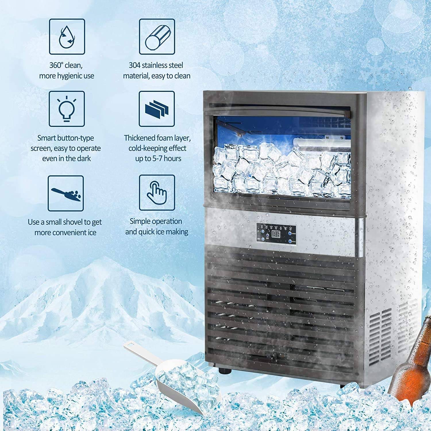 Commercial Ice Machine Maker 110LBS 24H Stainless Steel Free Standing Ice Machine Maker Air Cooling Ice Cube Machine Ideal for Party