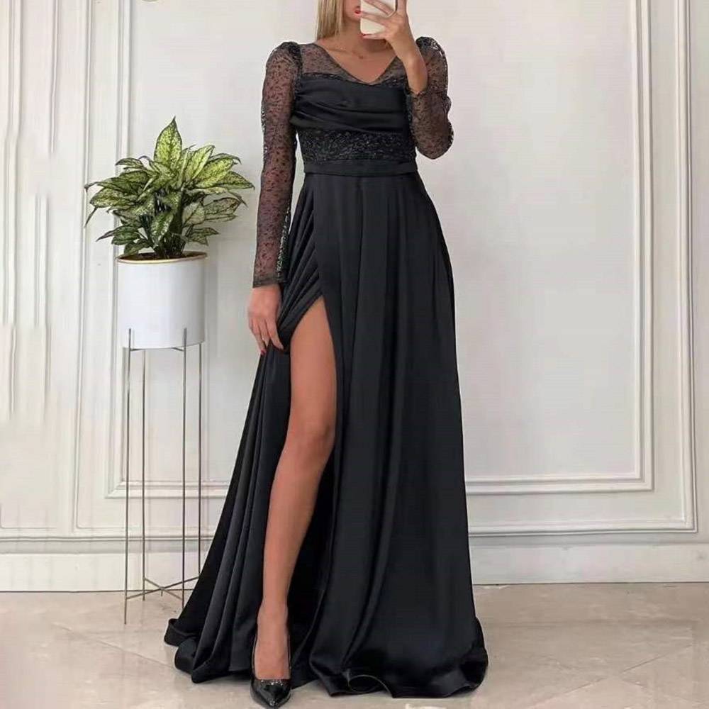 Split-Front Floor-Length Long Sleeves A-Line Formal Dress