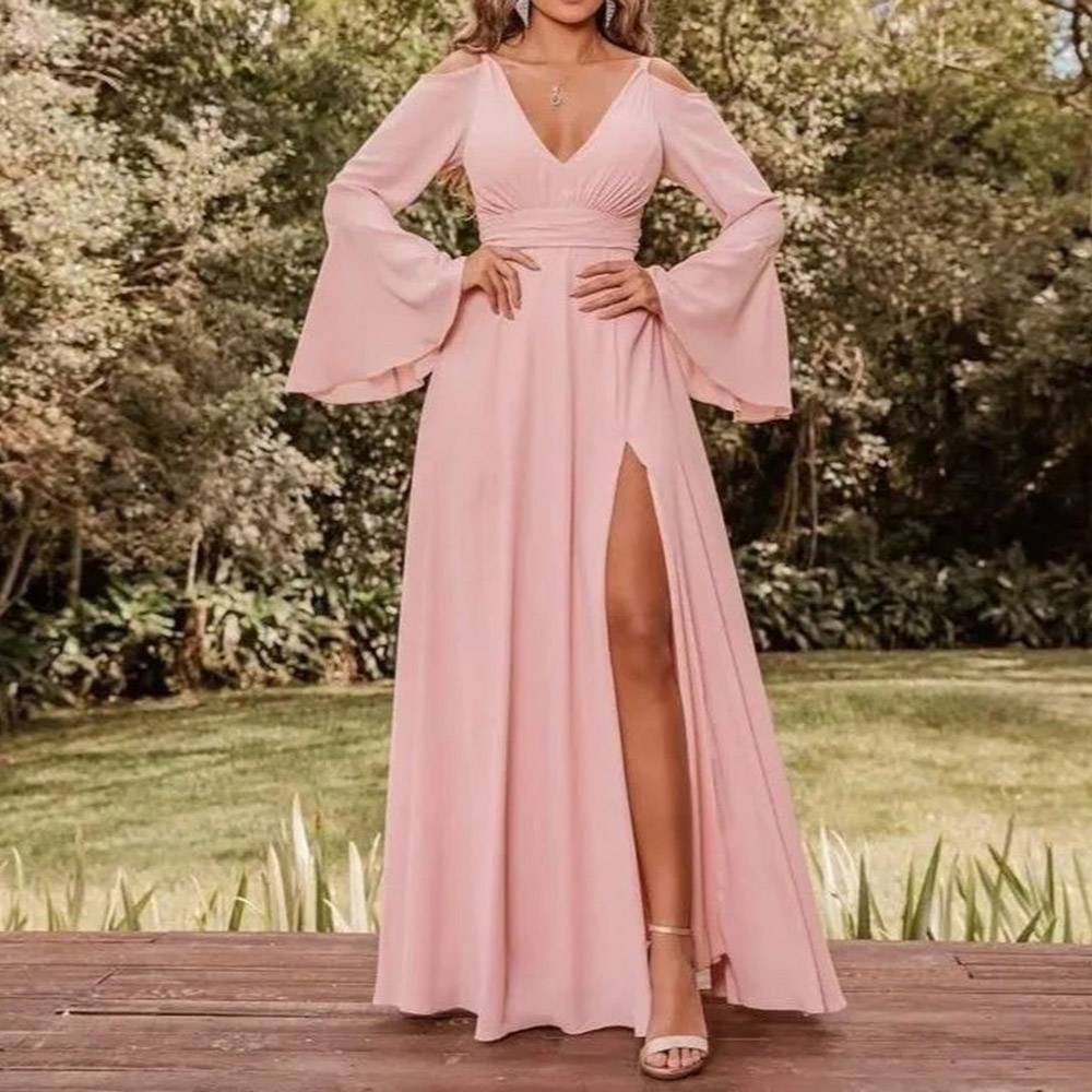 A-Line Long Sleeves Floor-Length Split-Front Formal Dress
