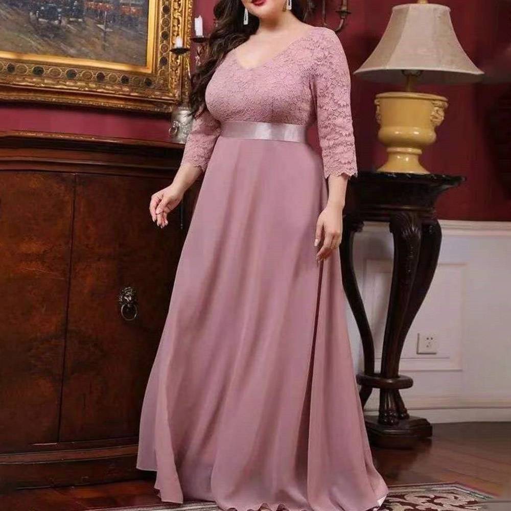 3/4 Length Sleeves A-Line Lace Floor-Length Evening Dress
